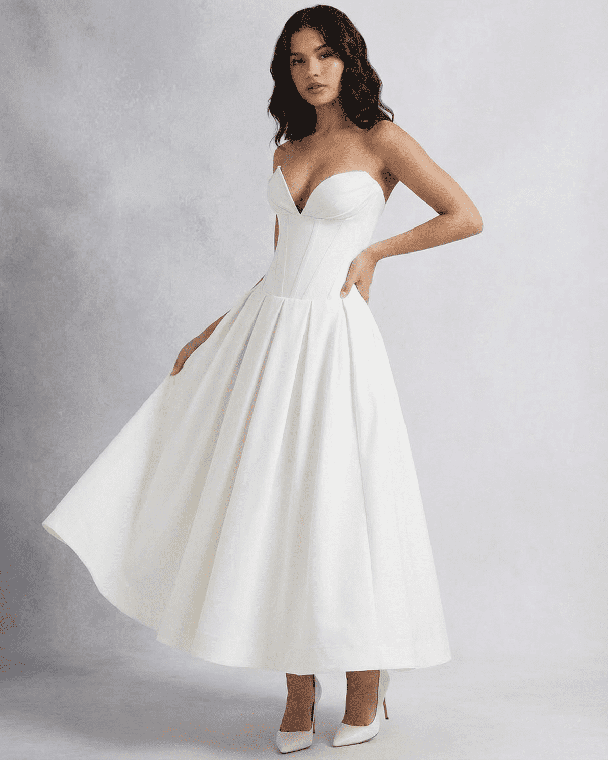 Celeste Midi Dress by Slimona, an elegant strapless corset A-line dress in white, perfect for special events.