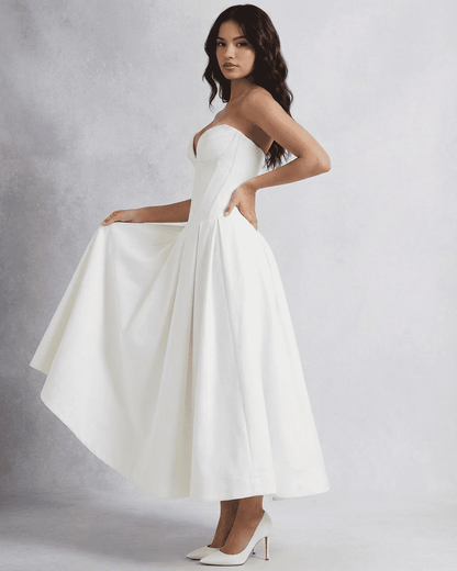 Celeste Midi Dress by Slimona featuring an elegant strapless corset design in a flowing A-line silhouette.