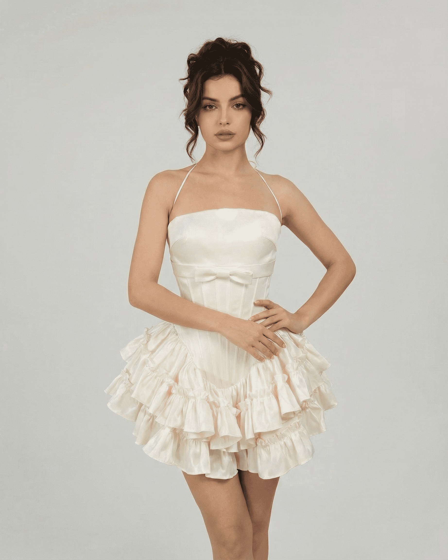 Celeste Mini Dress by Slimona featuring a corset-inspired design in soft white with tiered ruffles.