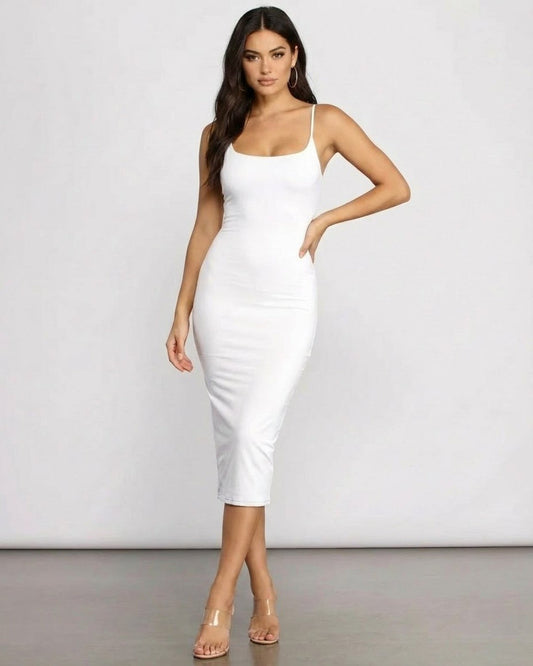 Clara Midi Dress by Slimona - Timeless white knit dress featuring a sleek silhouette and form-fitting design.