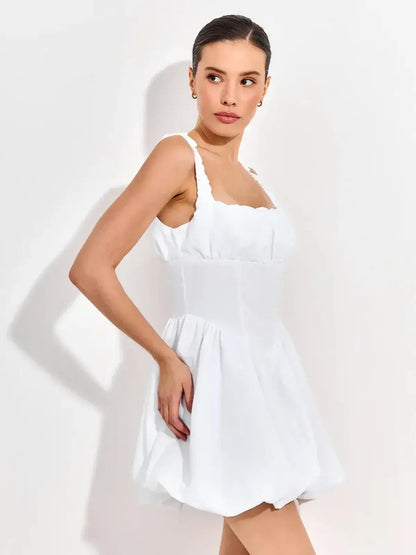 Whimsical Cloud Belle white mini dress with ruffled straps and sculpted bodice, perfect for summer celebrations.