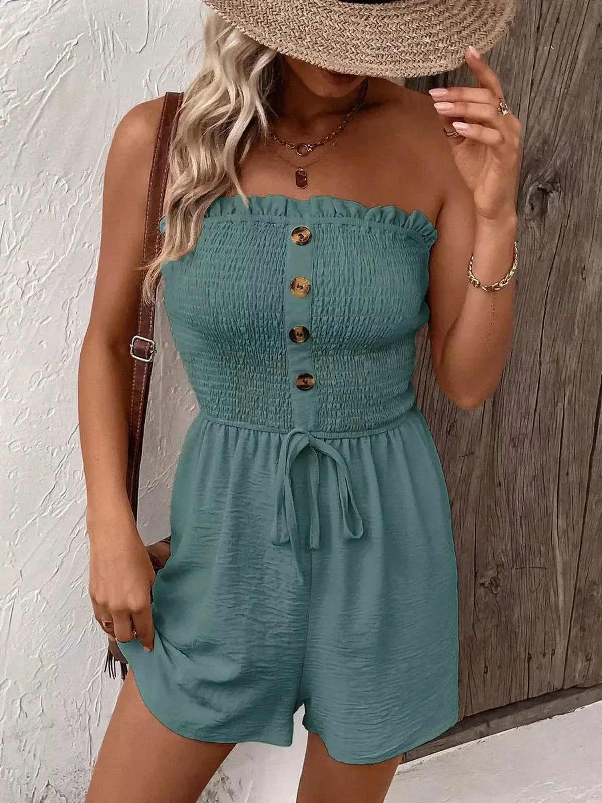 Teal strapless mini dress with ruffled neckline and button placket, perfect for summer outings and beach days.