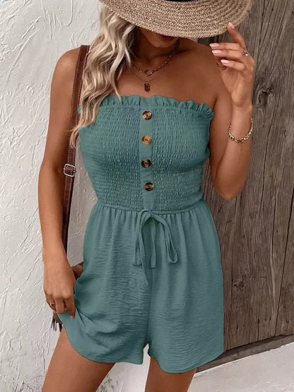 Teal strapless mini dress with ruffled neckline and button placket, perfect for summer outings and beach days.