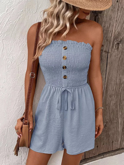 Light blue strapless mini dress with buttons and waist tie, perfect for summer and formal occasions.