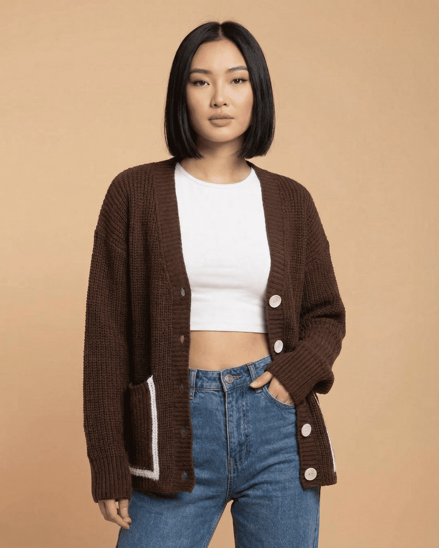 Cocoa Cardigan by Slimona, color block knit cardigan with V-neckline and button-front style.