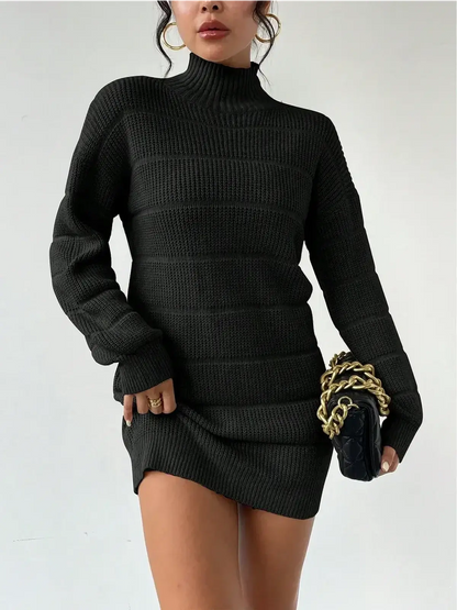 Cozy hourglass black long sleeve knit mini dress with turtleneck, perfect for casual outings or evening wear.
