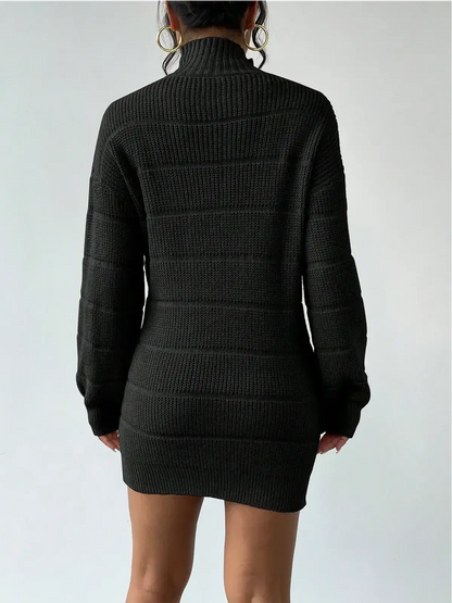 Back view of a cozy black mini dress with a high turtleneck and long sleeves, perfect for stylish outings.