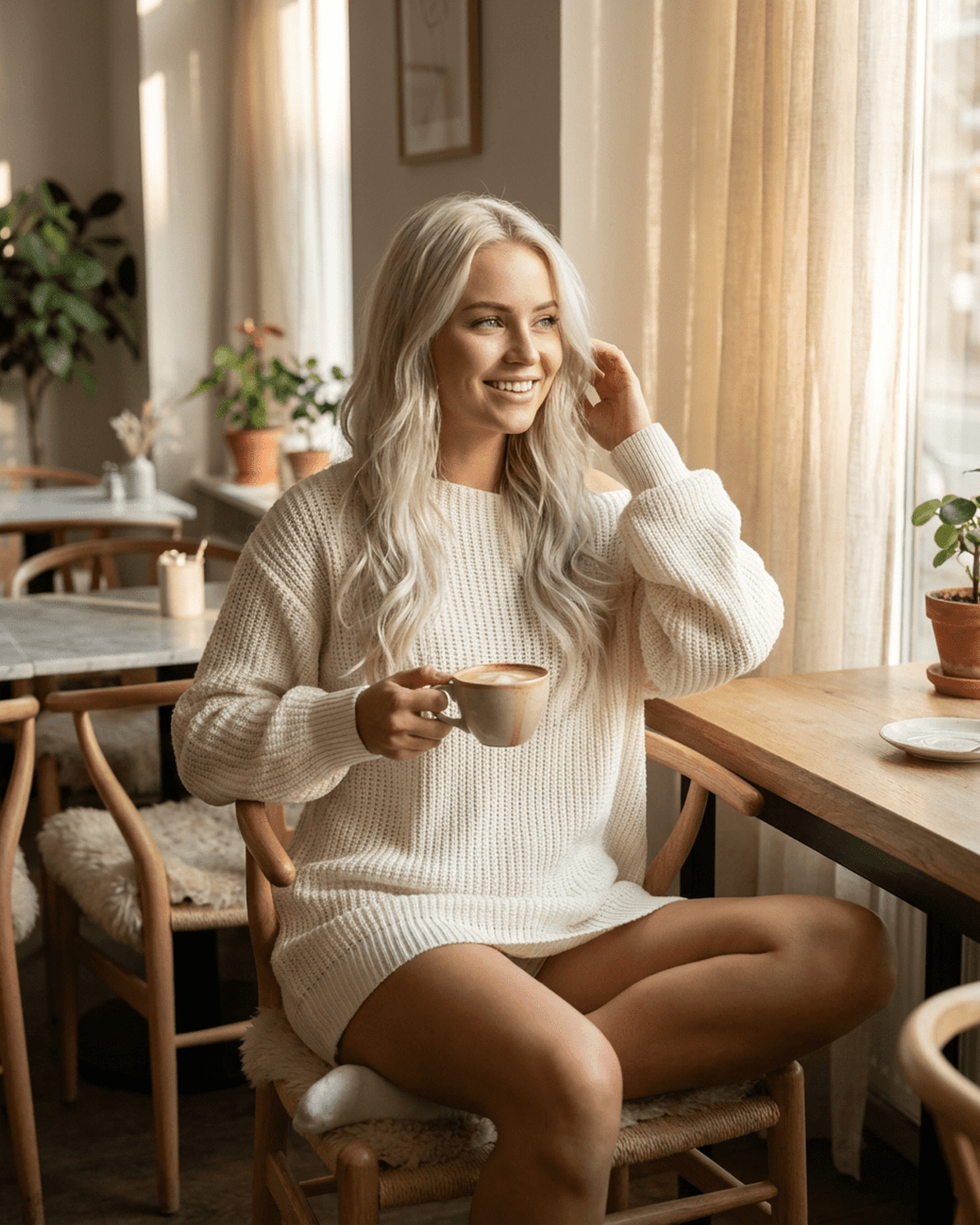 Aurora Mini Dress by Slimona, white ribbed knit off-the-shoulder style worn in a cozy cafe setting.