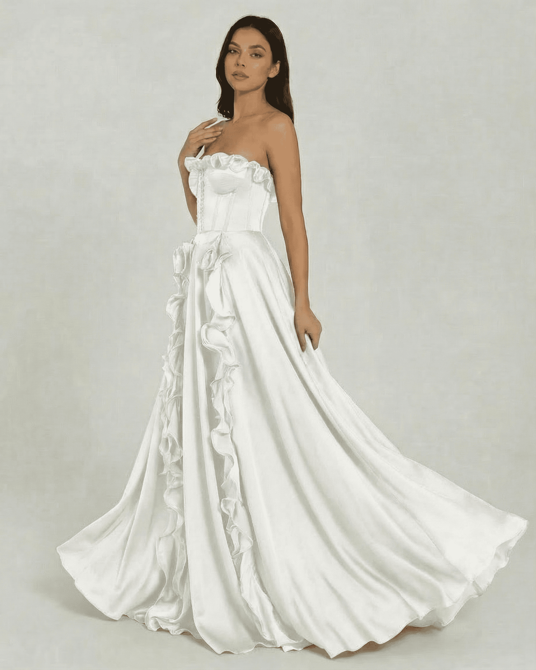 Althea Maxi Dress by Slimona - Strapless white maxi dress with ruffle detail and a flowing silhouette.