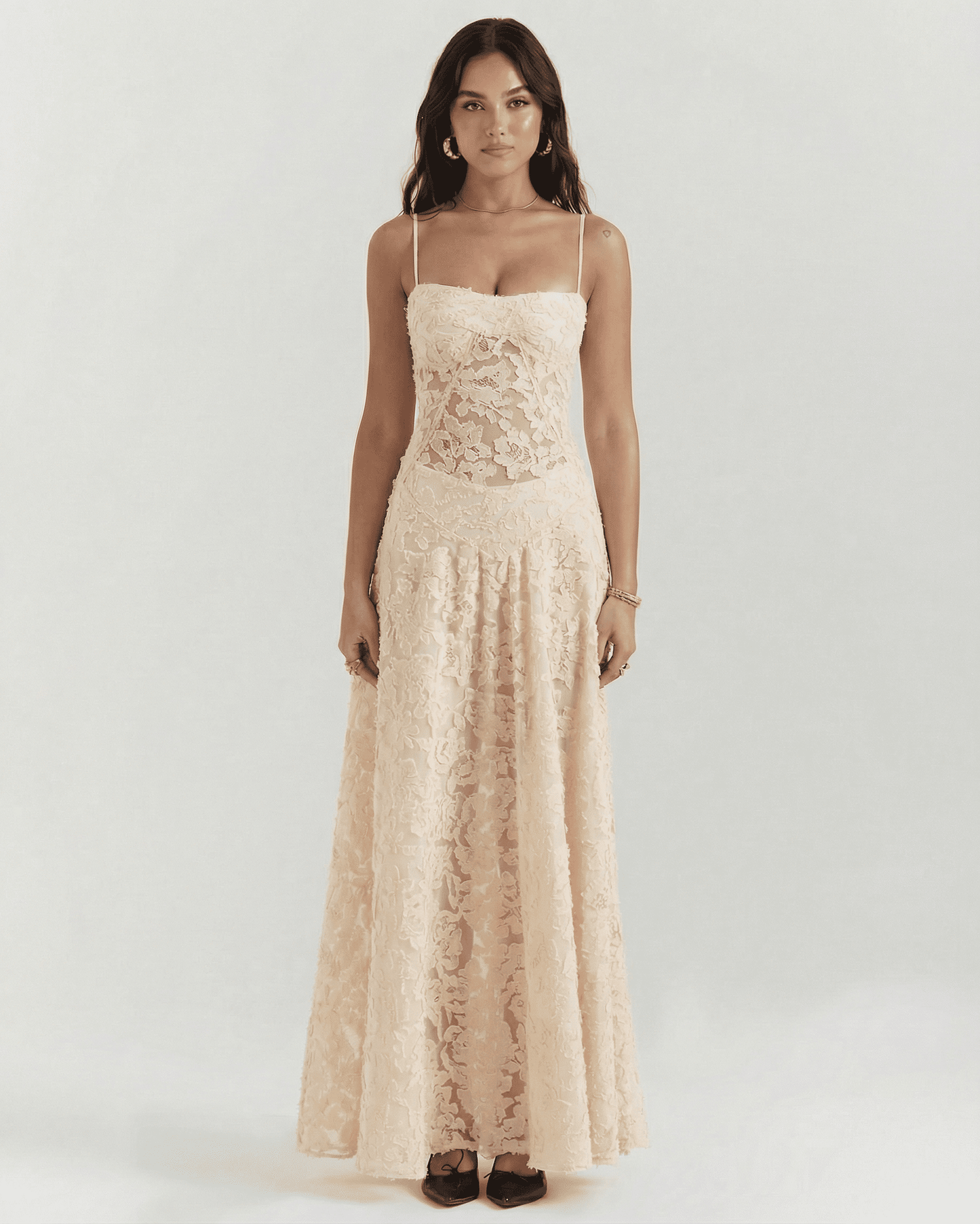 Alina Maxi Dress by Slimona, featuring elegant nude floral lace and corset back detail, perfect for sophisticated occasions.