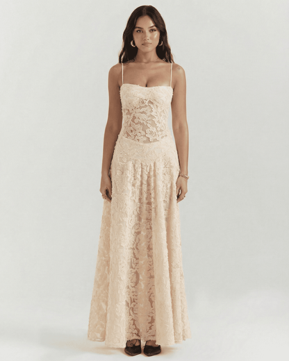 Alina Maxi Dress by Slimona, featuring elegant nude floral lace and corset back detail, perfect for sophisticated occasions.