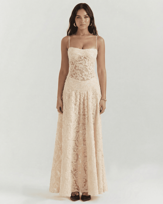 Alina Maxi Dress by Slimona, featuring elegant nude floral lace and corset back detail, perfect for sophisticated occasions.