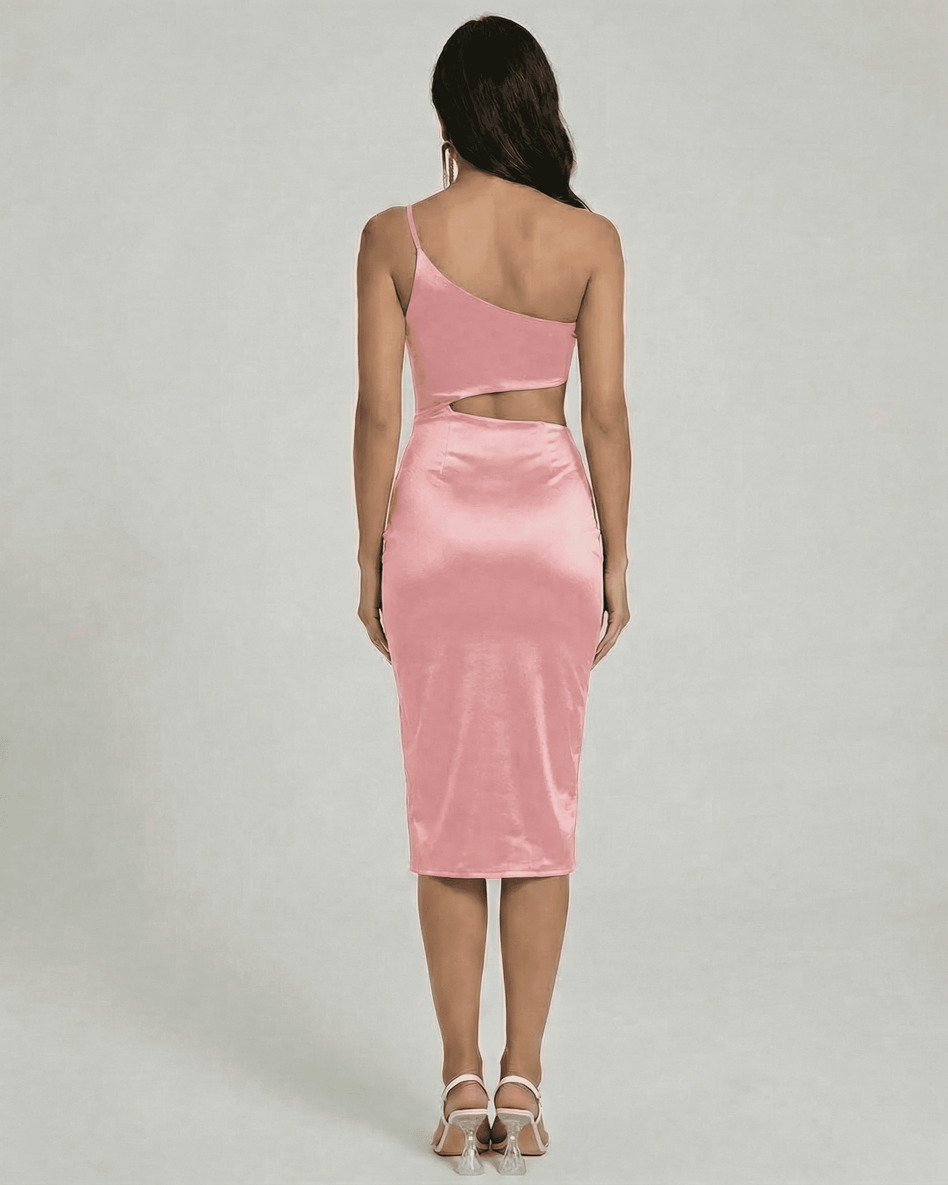 Back view of Rosalia Midi Dress by Slimona, featuring a one-shoulder design and sculpted cutout in soft pink satin.
