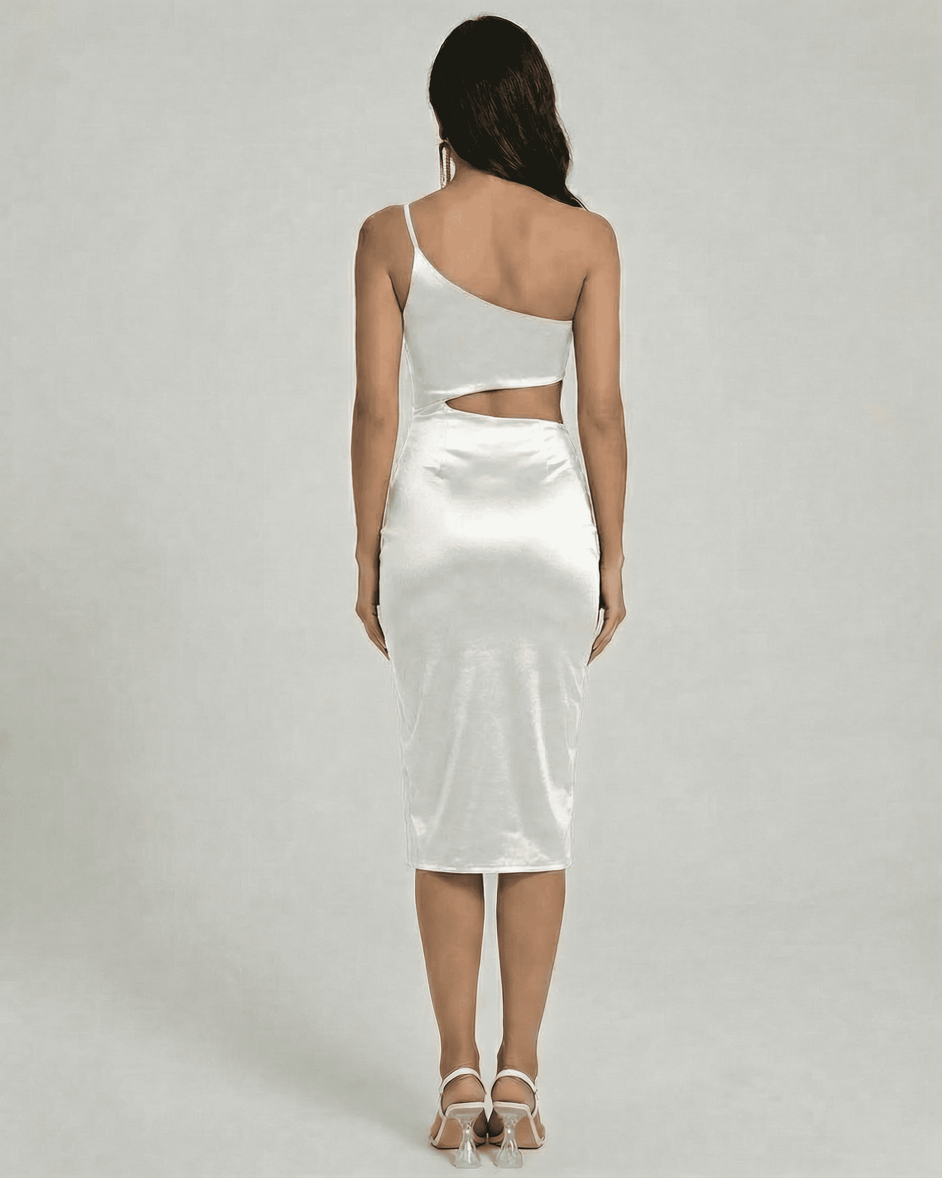 Back view of the Lunara Midi Dress by Slimona, featuring a one-shoulder design and sculpted cutout.
