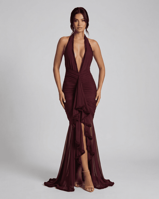 Bordeaux Maxi Dress by Slimona, ruched burgundy dress with lace detail and plunging V-neckline.