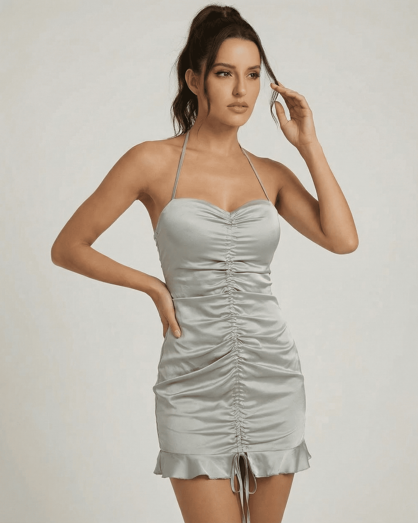 Celeste Mini Dress by Slimona in satin-effect with elegant ruching and open back, perfect for a polished look.