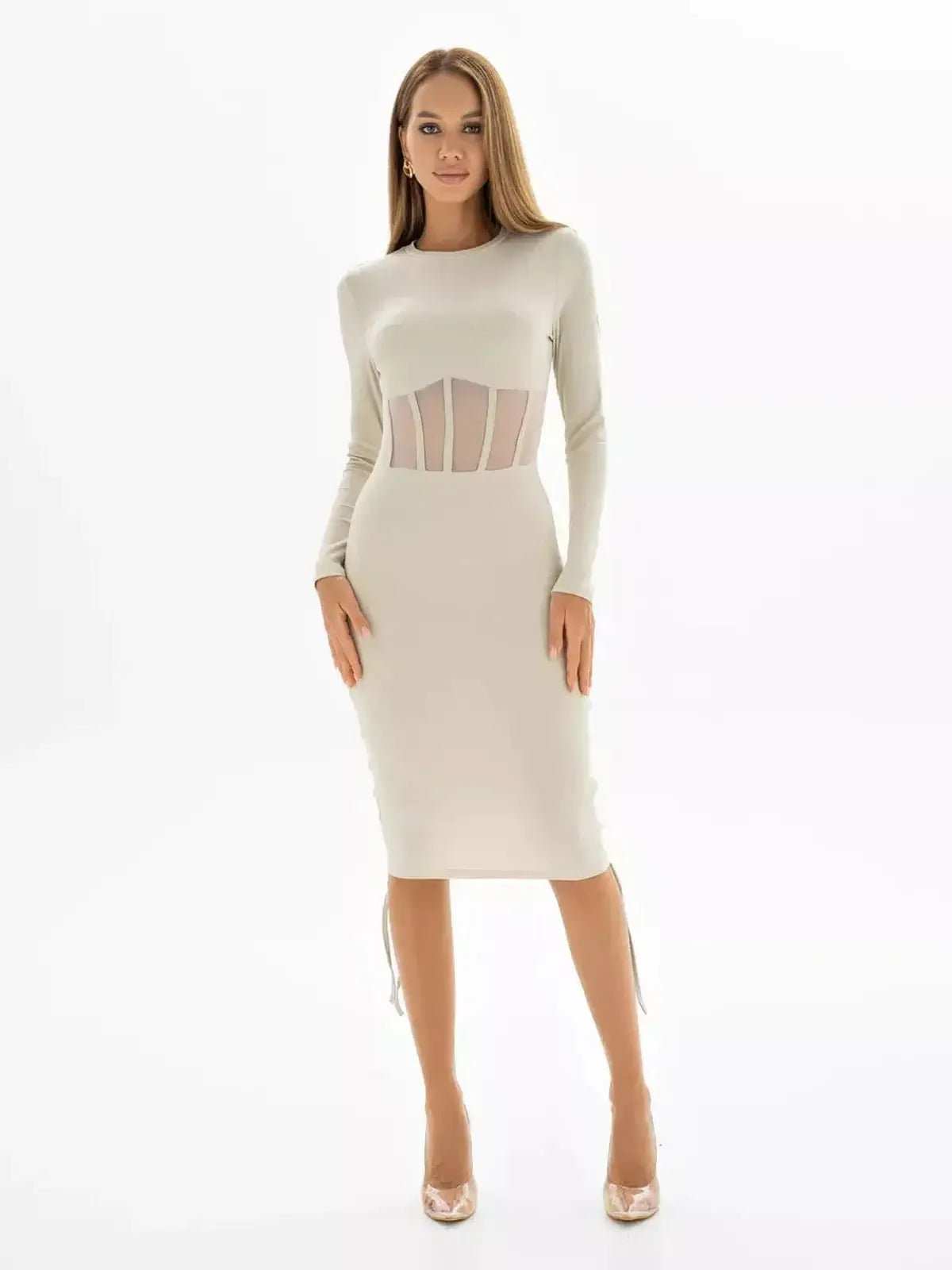 Elegant beige long sleeve mini dress with corset illusion and ribbed texture, perfect for summer and formal occasions.