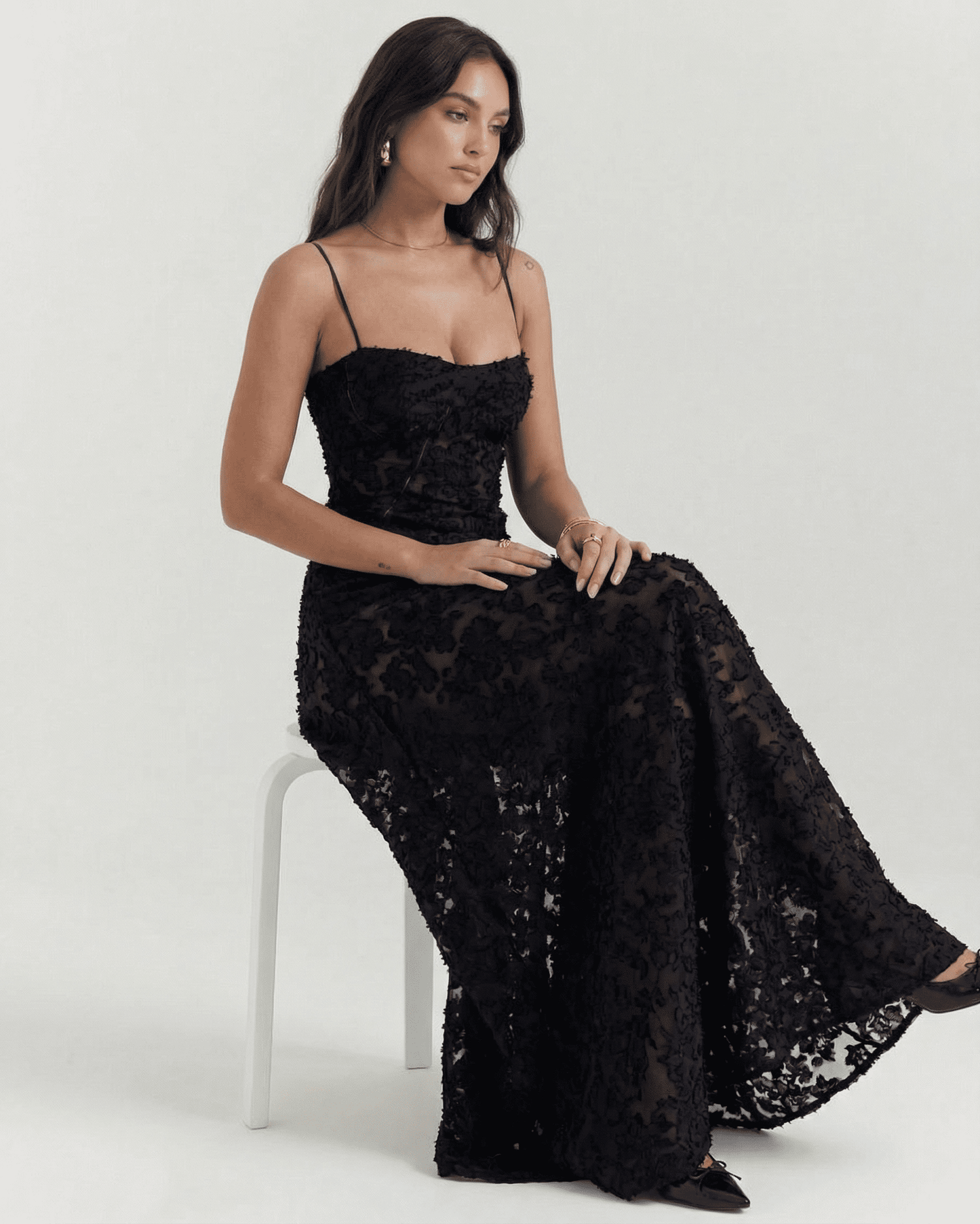 Nerina Maxi Dress by Slimona featuring elegant black floral lace and sheer back detail, perfect for any special occasion.