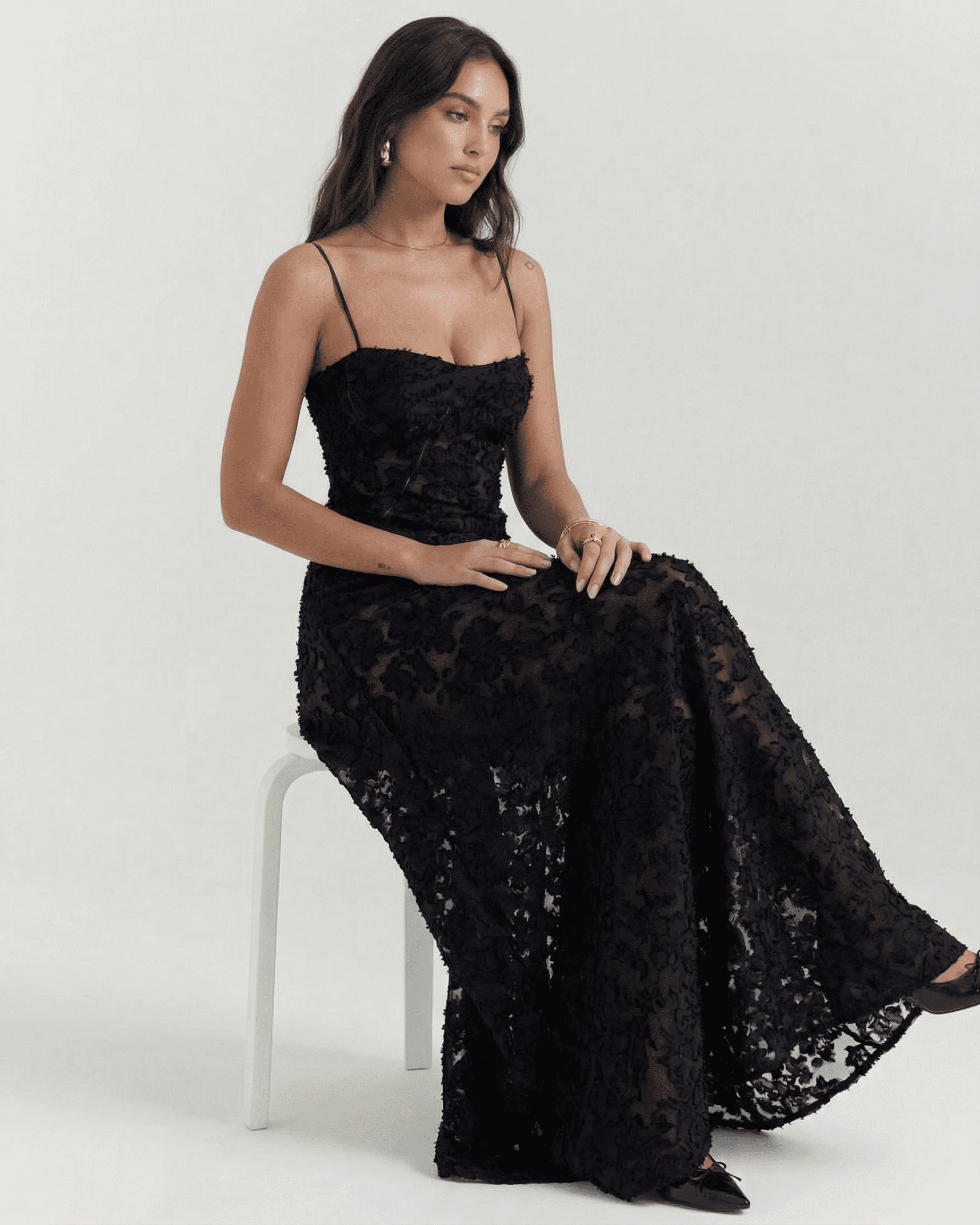 Nerina Maxi Dress by Slimona featuring elegant black floral lace and sheer back detail, perfect for any special occasion.