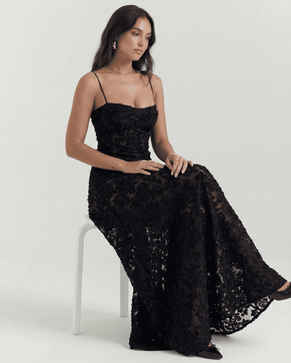 Nerina Maxi Dress by Slimona featuring elegant black floral lace and sheer back detail, perfect for any special occasion.