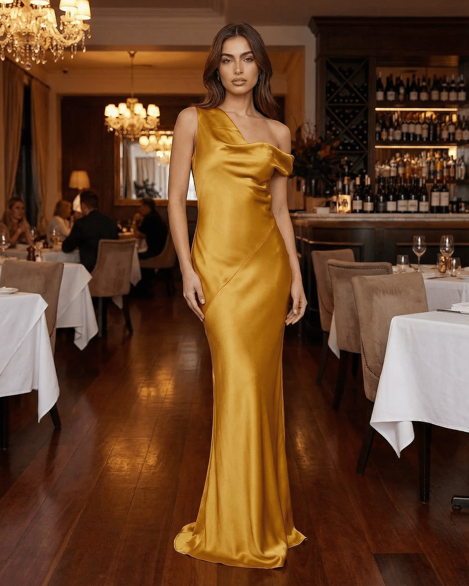 Aurelia Maxi Dress by Slimona, featuring a satin gold fabric with a high waist and open back design.