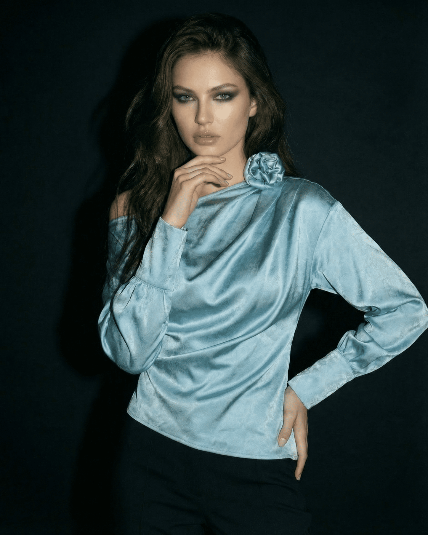 Celeste Blouse by Slimona in satin-style with asymmetrical neckline and long sleeves, perfect for modern wardrobes.