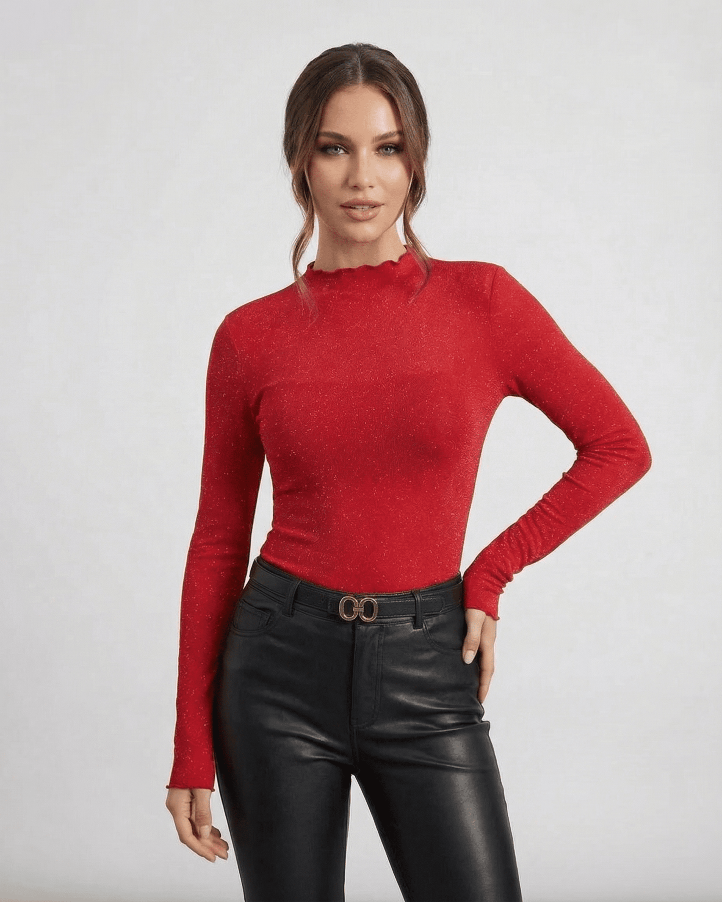 Scarlet Blouse by Slimona — Long sleeve red sequin blouse with round neck and slim fit for stylish occasions.