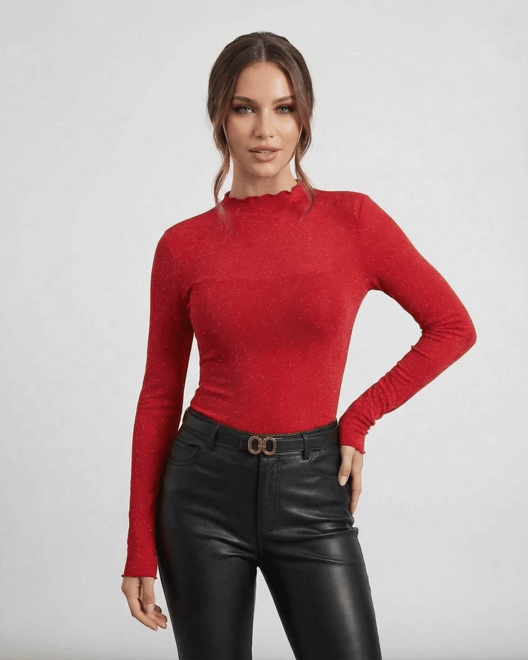 Scarlet Blouse by Slimona — Long sleeve red sequin blouse with round neck and slim fit for stylish occasions.