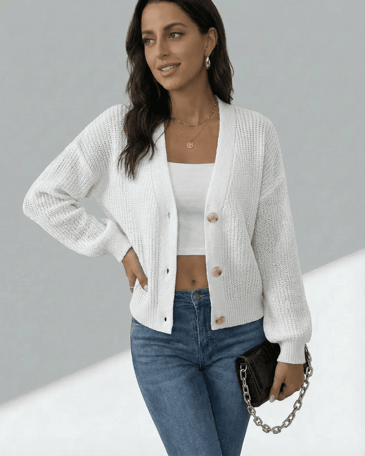 Elara Cardigan by Slimona - Lightweight button-front knitwear in white, styled with a casual look.