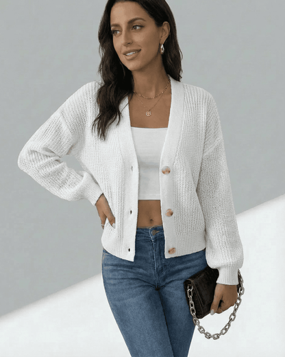 Elara Cardigan by Slimona - Lightweight button-front knitwear in white, styled with a casual look.