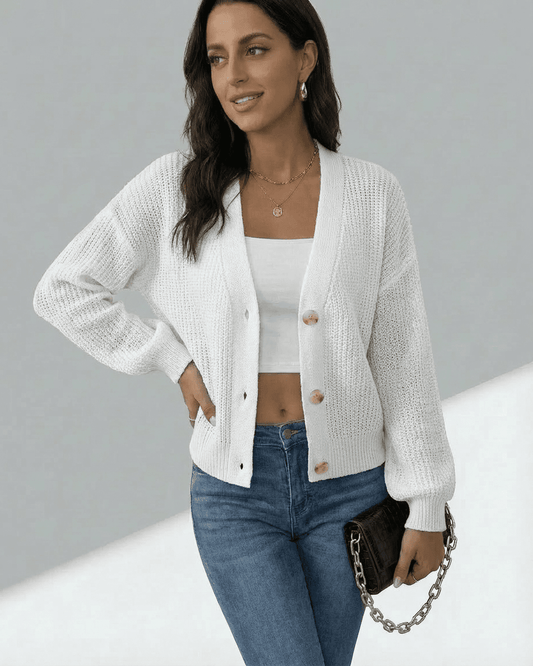 Elara Cardigan by Slimona - Lightweight button-front knitwear in white, styled with a casual look.