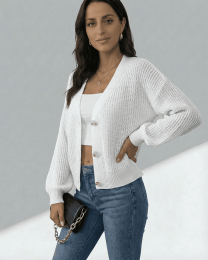 Elara Cardigan by Slimona - Lightweight button-front knitwear in white, styled with jeans and a tank top.