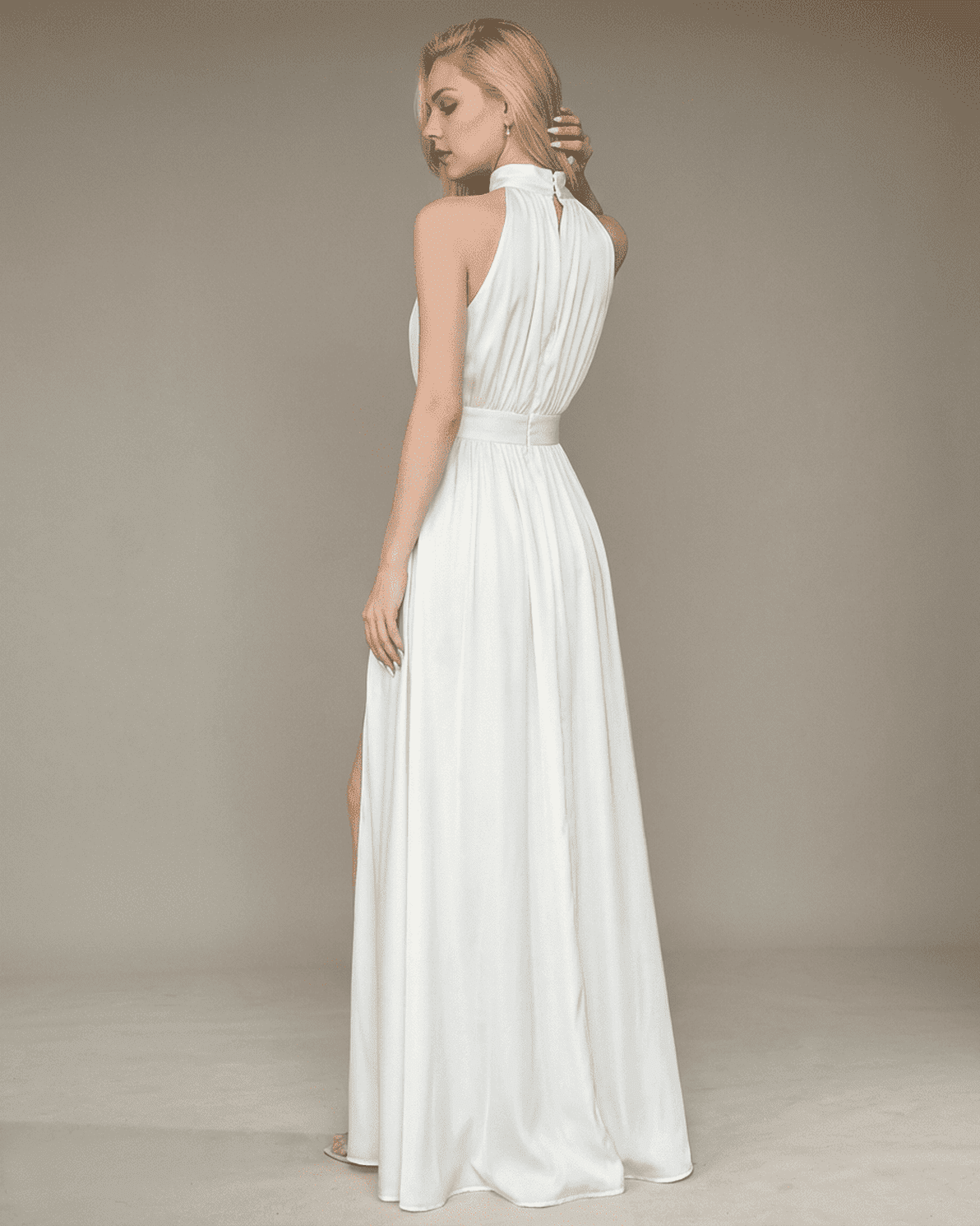 Elara Maxi Dress by Slimona, elegant sleeveless turtleneck design with high waist and side slit in white.