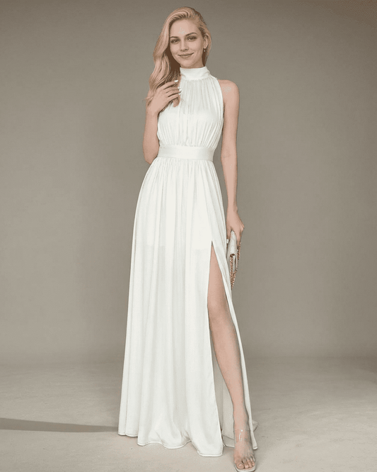 Elara Maxi Dress by Slimona - Elegant sleeveless white maxi dress with turtleneck and side slit.