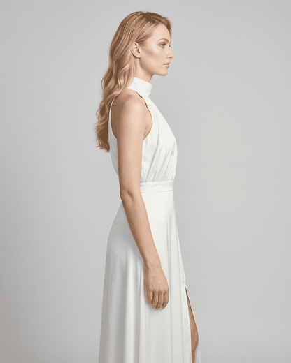 Elara Maxi Dress by Slimona in white, showcasing a sleeveless turtleneck design and elegant high waist.