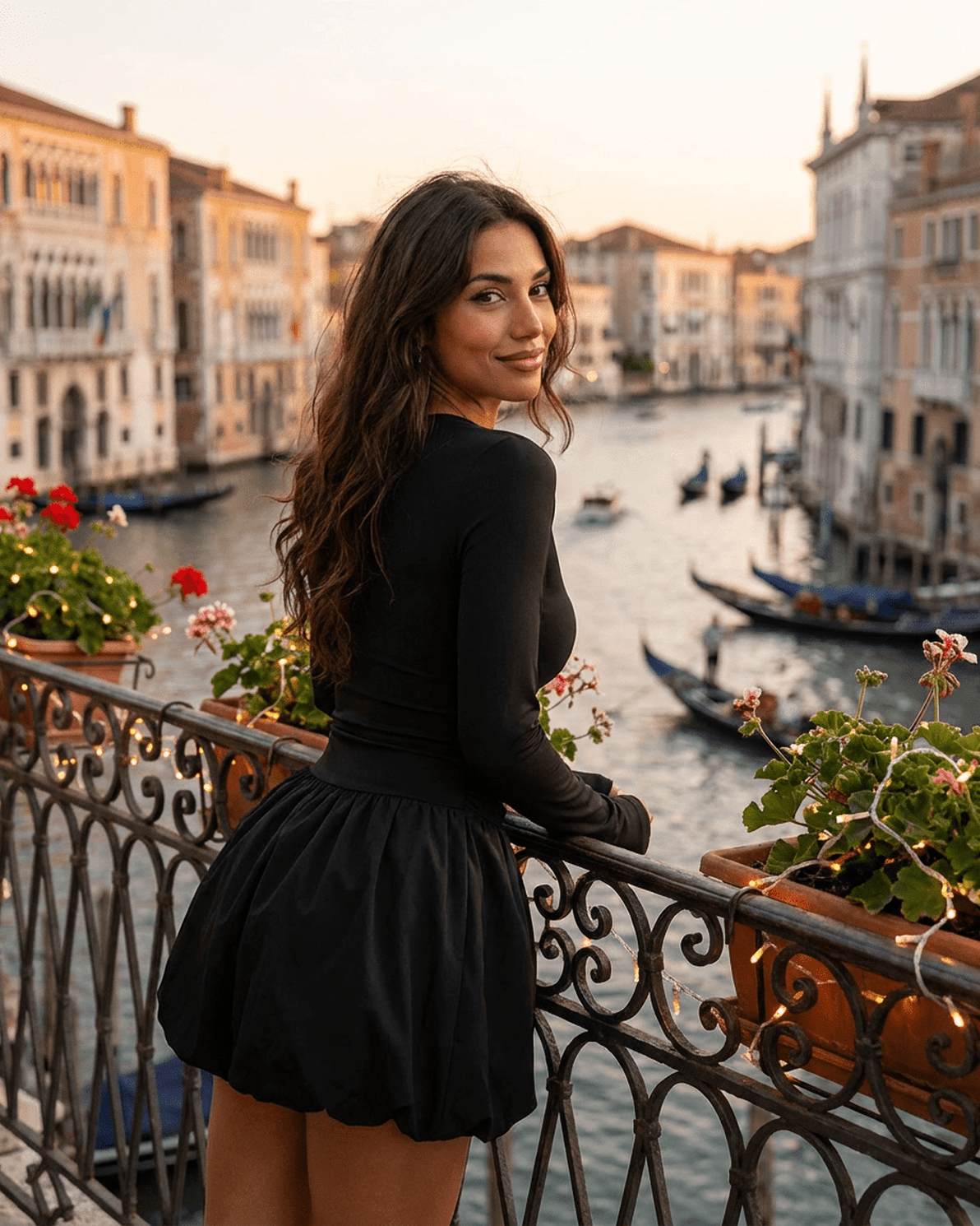 Elara Mini Dress by Slimona worn by a woman standing by a canal, showcasing a beautiful sunset.