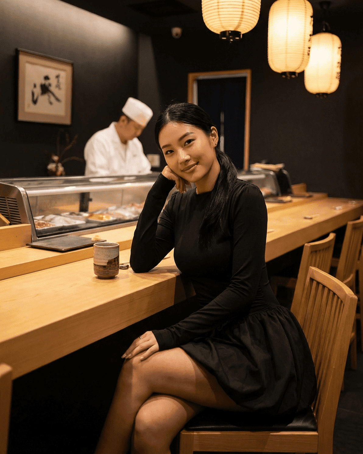 Elara Mini Dress by Slimona worn by a woman sitting at a sushi bar, featuring long sleeves and a tiered skirt.