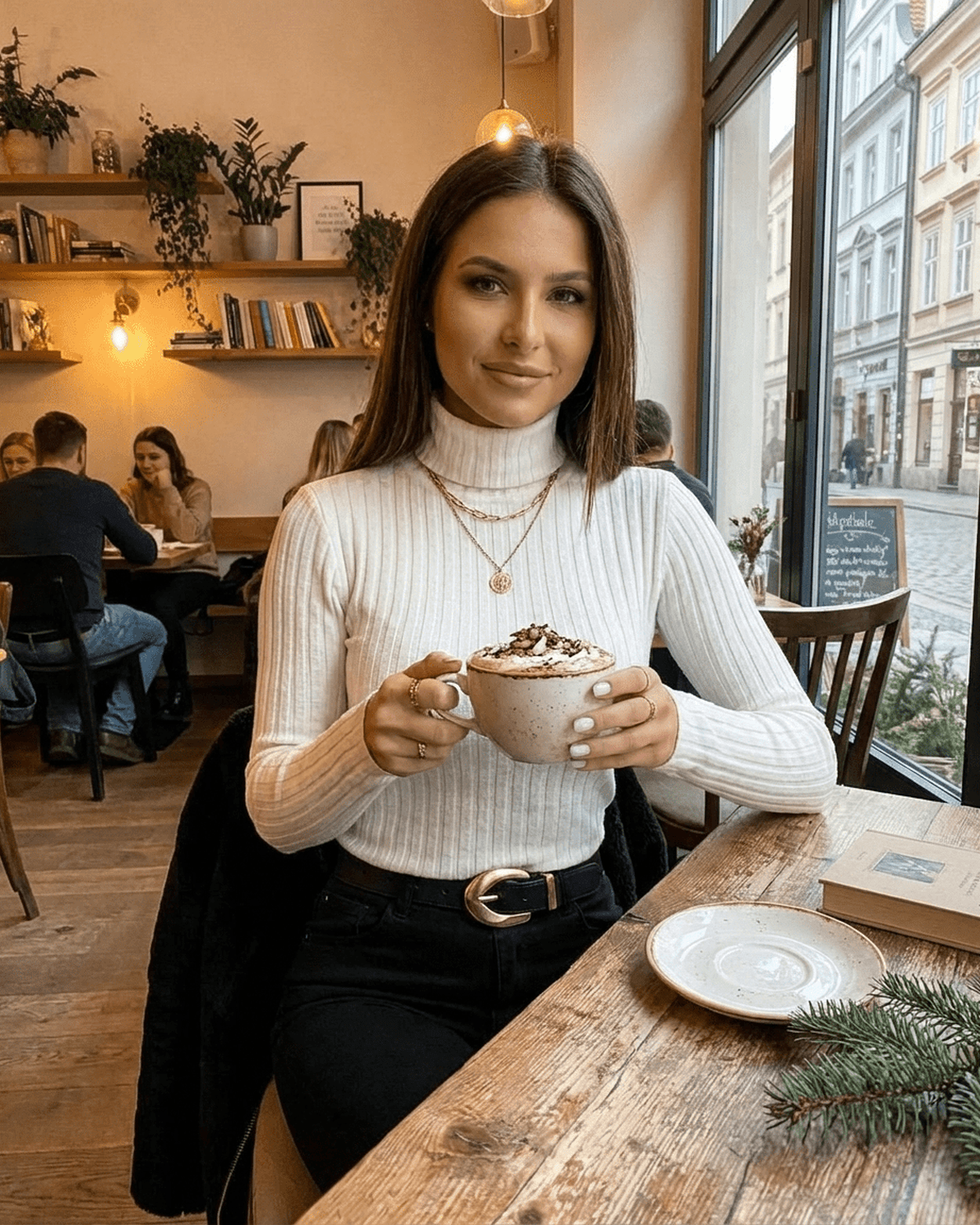 Elara Sweater by Slimona, a stylish ribbed turtleneck worn in a cozy café setting with hot beverage.