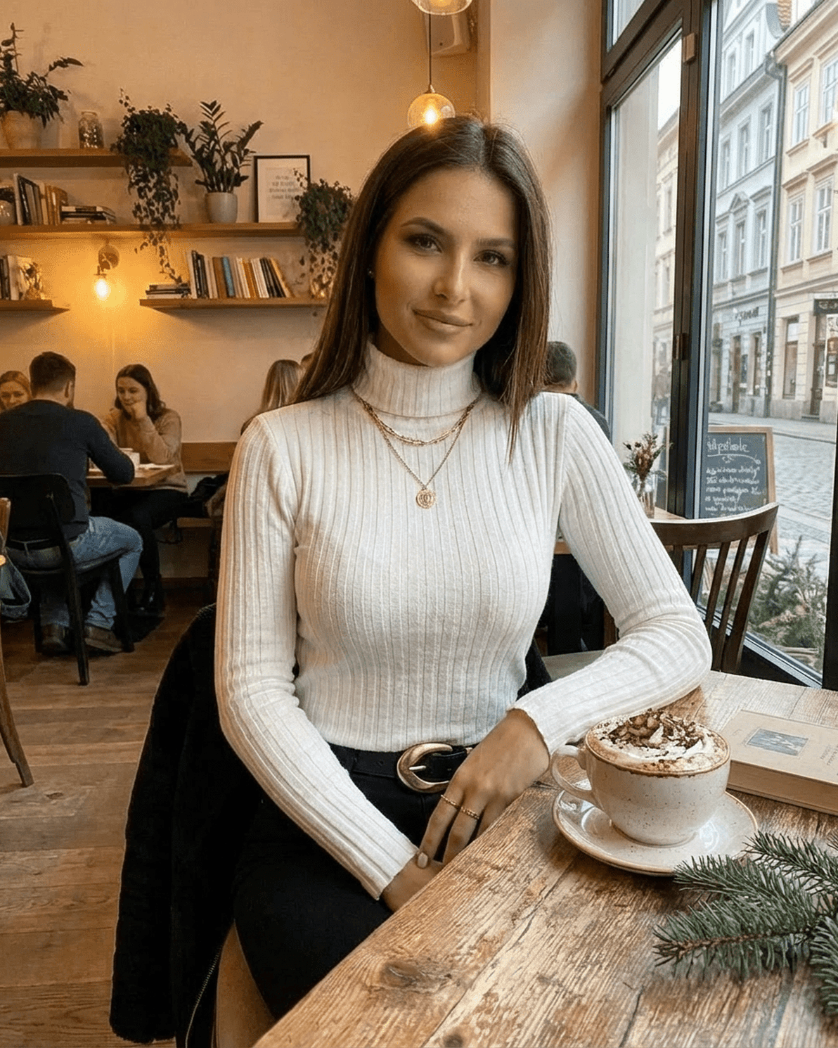 Elara Sweater by Slimona worn in a cozy café setting, showcasing a ribbed turtleneck slim fit knitwear style.