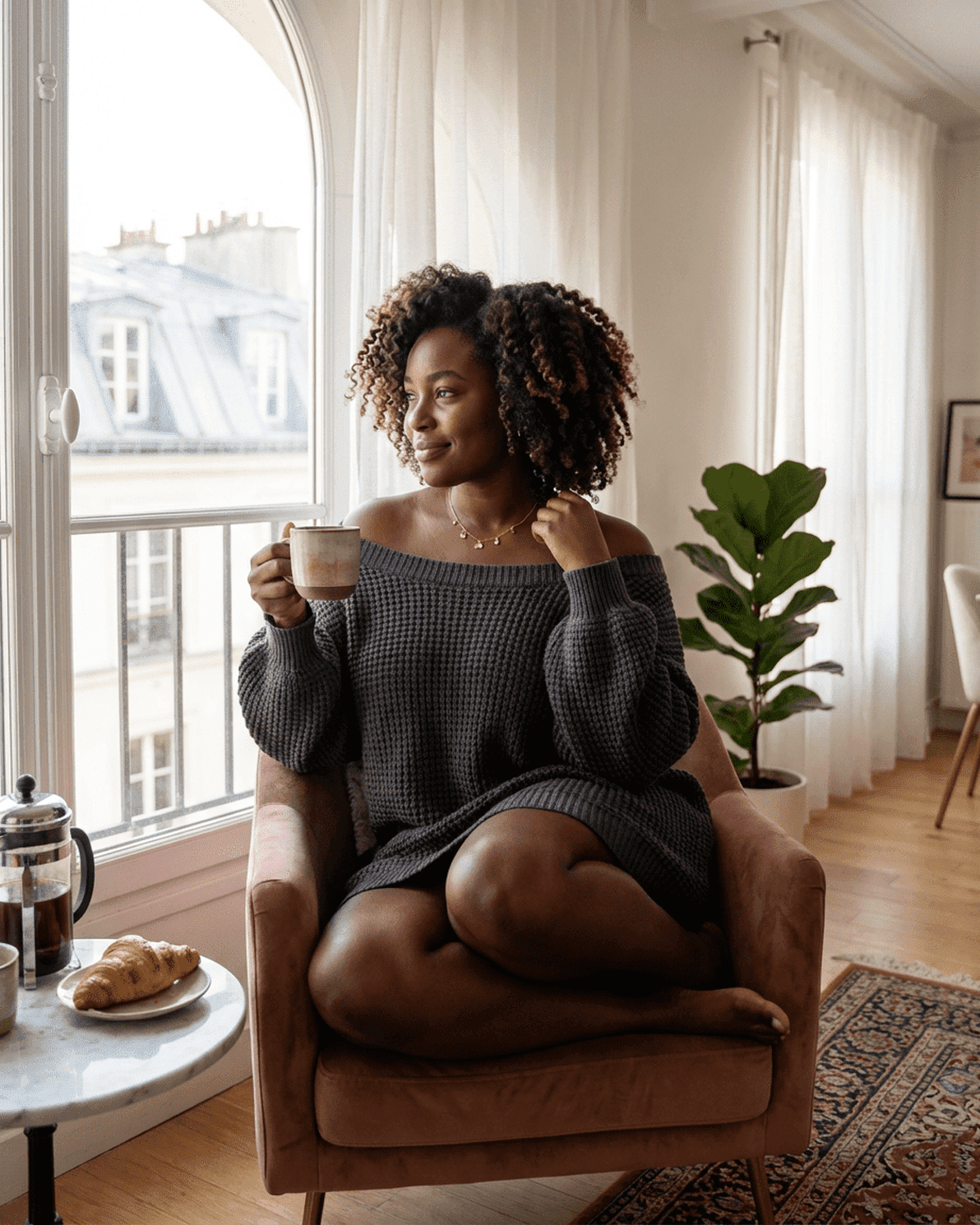 Woman in a cozy off-the-shoulder sweater enjoying coffee at home, showcasing the Ember Mini Dress from Slimona.