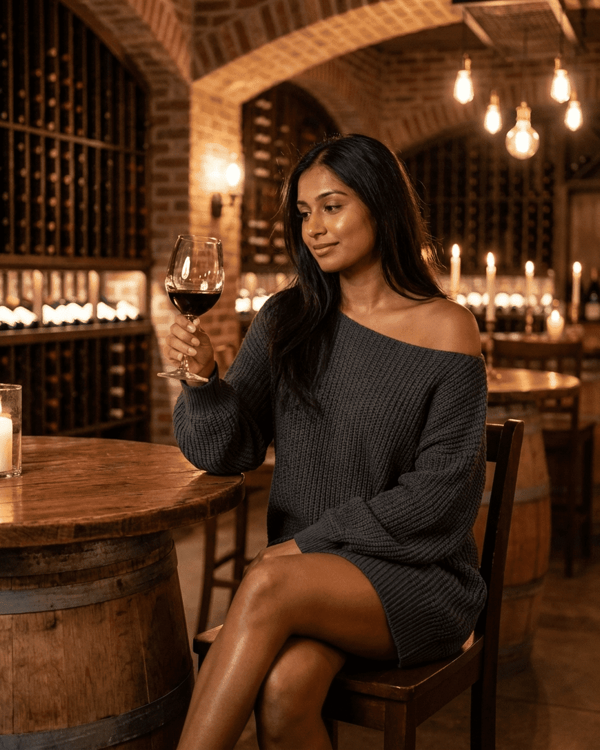 Ember Mini Dress by Slimona, featuring a model enjoying wine in a cozy, upscale wine bar setting.