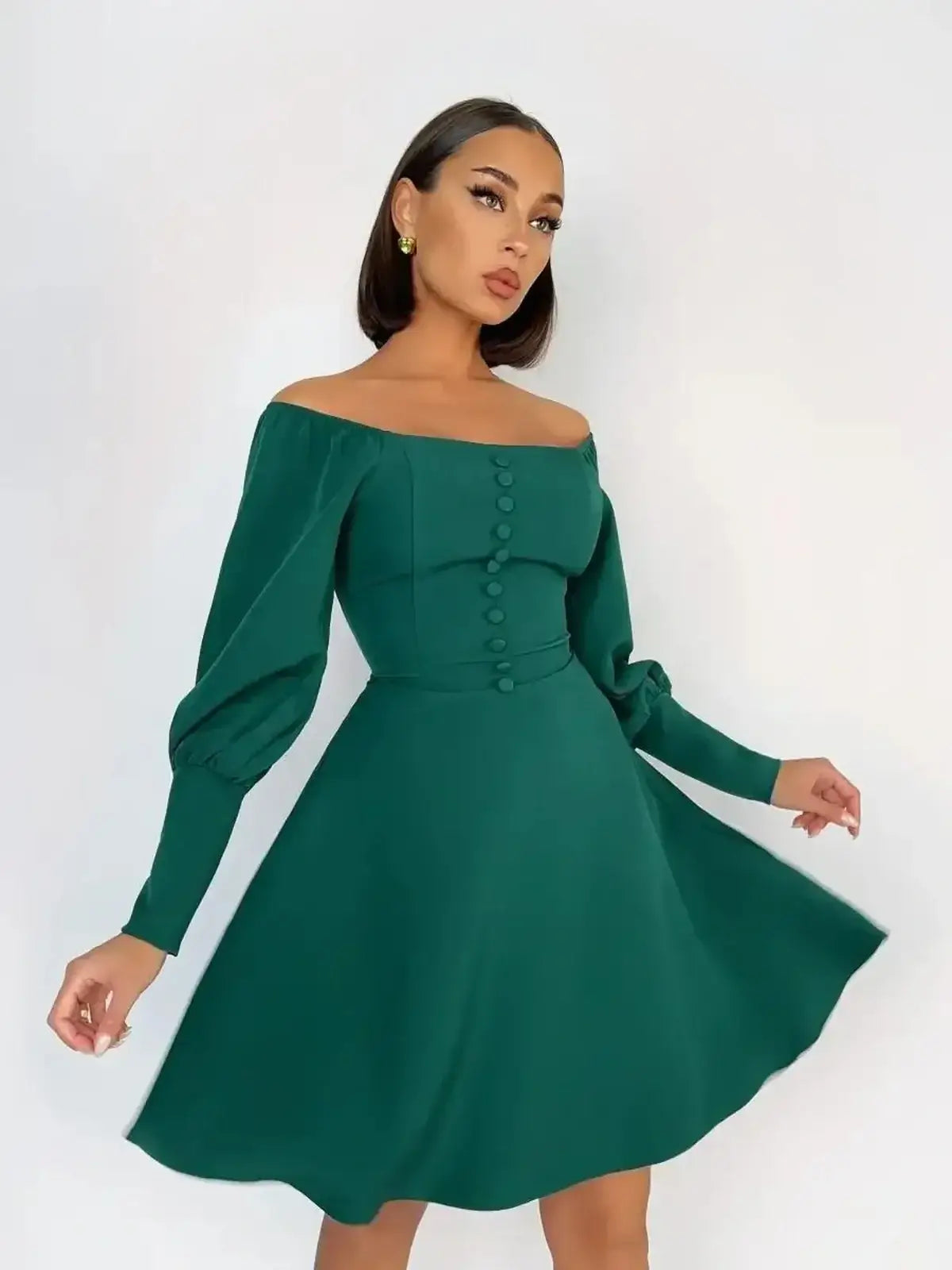 Emerald Era Mini Dress featuring puff sleeves and square neckline, perfect for summer parties and weddings.