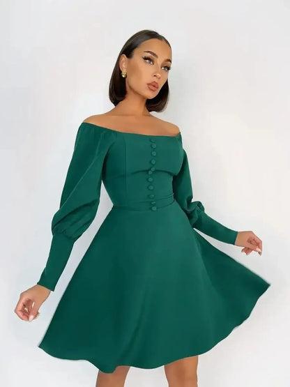 Emerald Era Mini Dress featuring puff sleeves and square neckline, perfect for summer parties and weddings.
