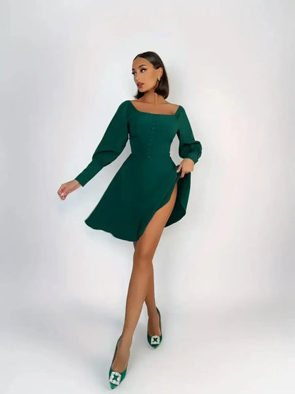 Emerald Era Mini Dress featuring a square neckline and structured long sleeves, perfect for summer and formal occasions.