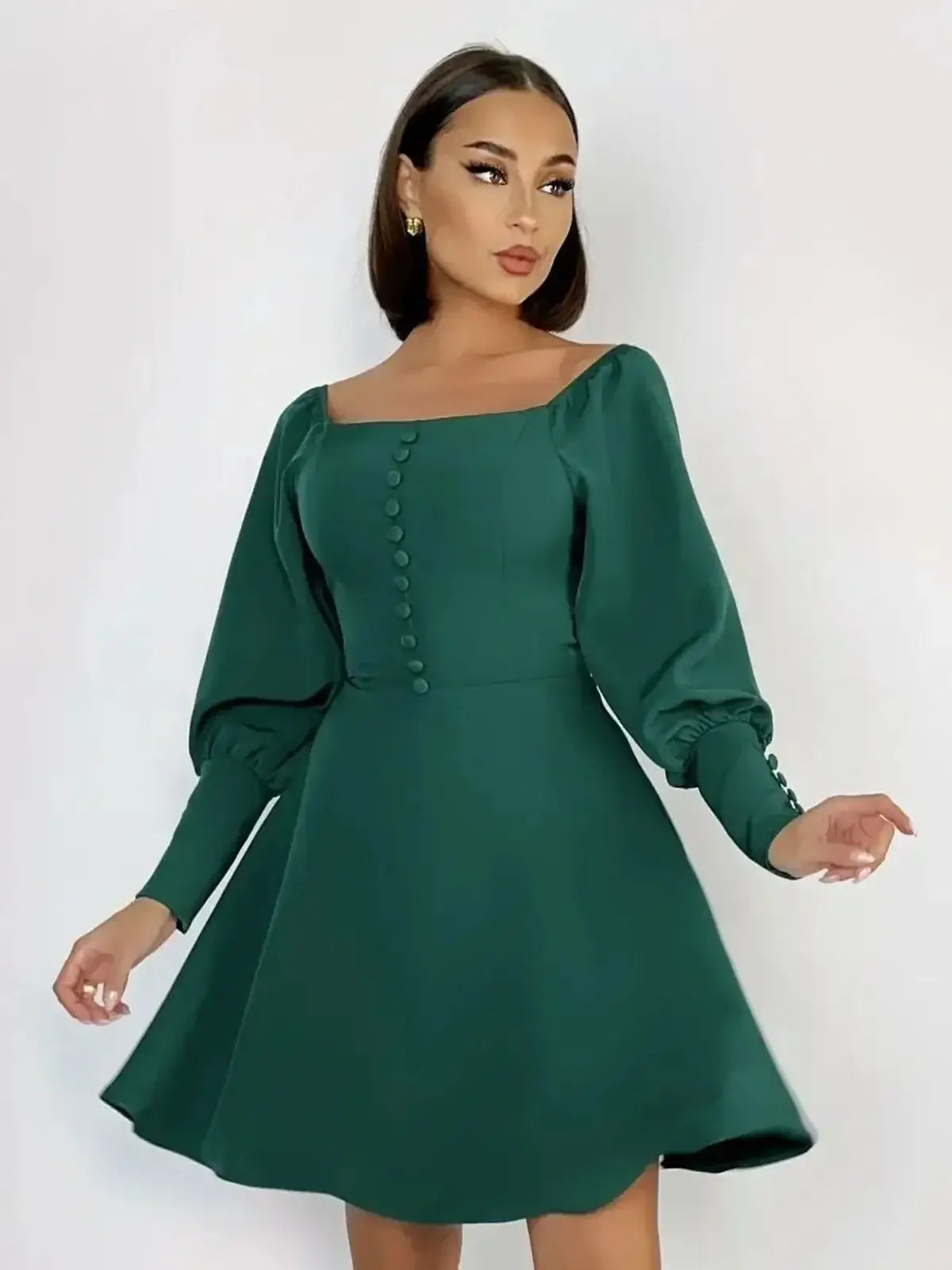 Emerald Era Mini Dress featuring a square neckline, long puff sleeves, and tonal buttons, perfect for special occasions.
