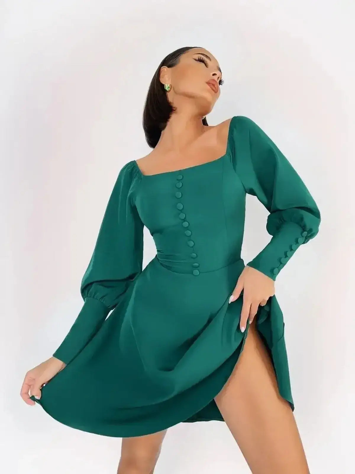 Emerald Era Mini Dress featuring a square neckline, long sleeves, and tonal buttons, ideal for weddings and parties.