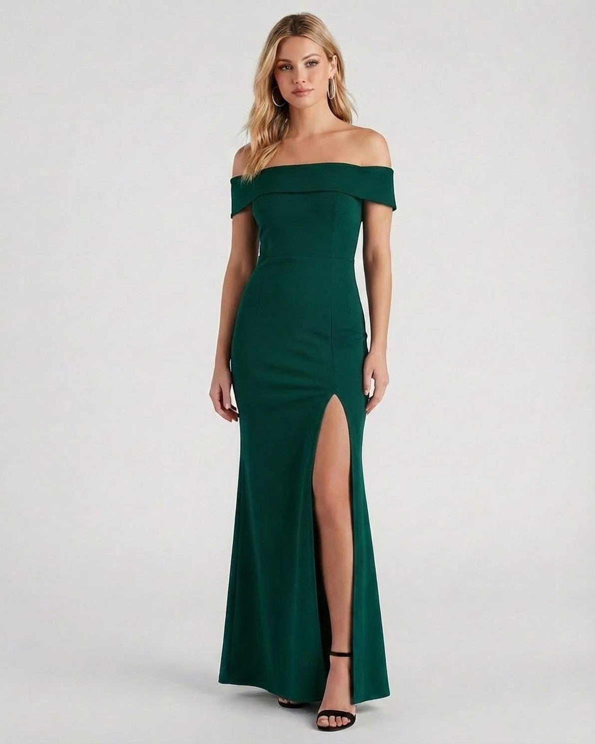 Emerald Maxi Dress by Slimona, elegant off-the-shoulder crepe knit with a high slit for special occasions.