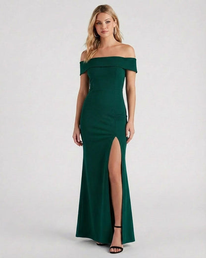 Emerald Maxi Dress by Slimona, elegant off-the-shoulder crepe knit with a high slit for special occasions.