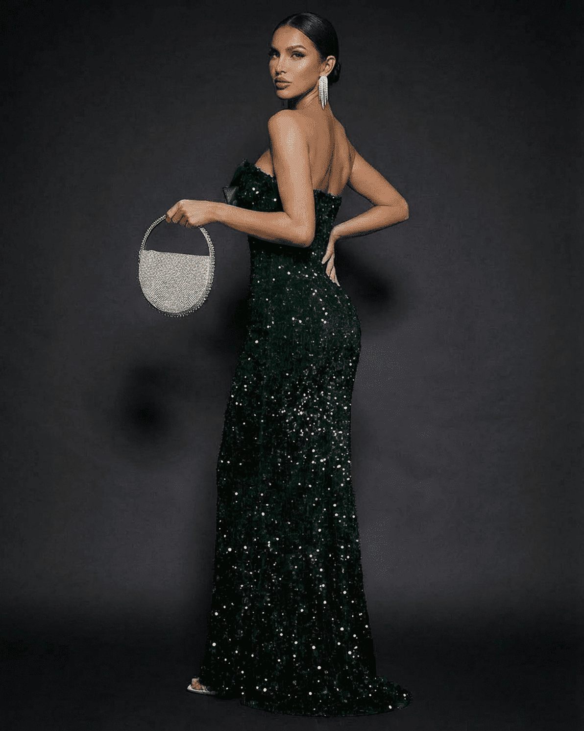 Emerald Maxi Dress by Slimona, featuring a strapless design and sparkling sequins for a glamorous look.