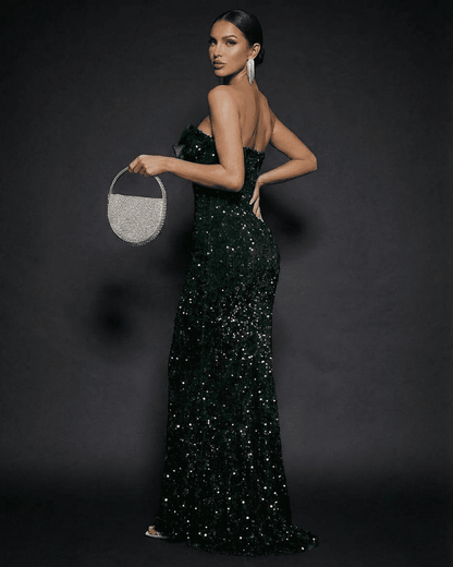 Emerald Maxi Dress by Slimona, featuring a strapless design and sparkling sequins for a glamorous look.